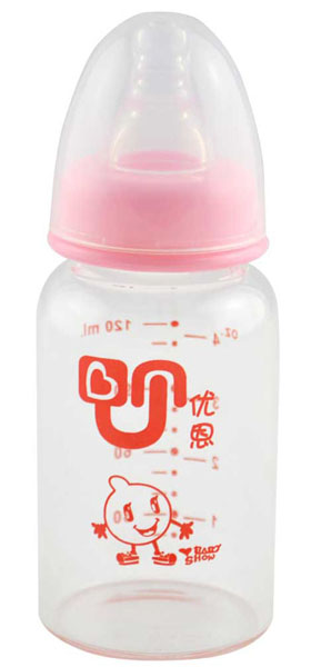 优恩粉色标口晶钻直身玻璃奶瓶120ml
