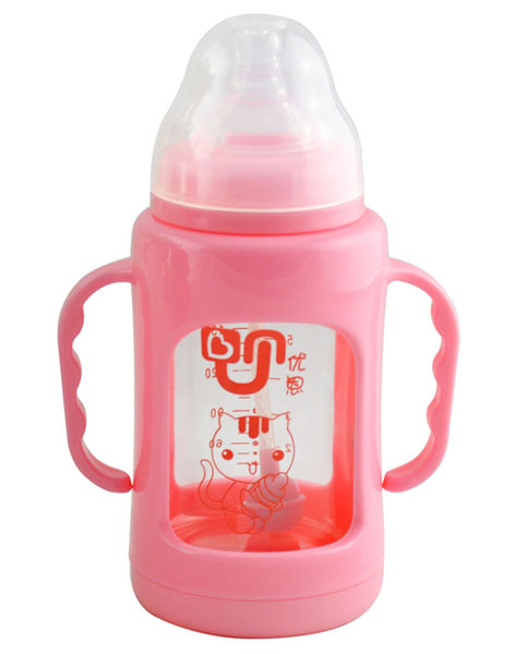 优恩粉色宽口防摔防爆玻璃奶瓶180ml