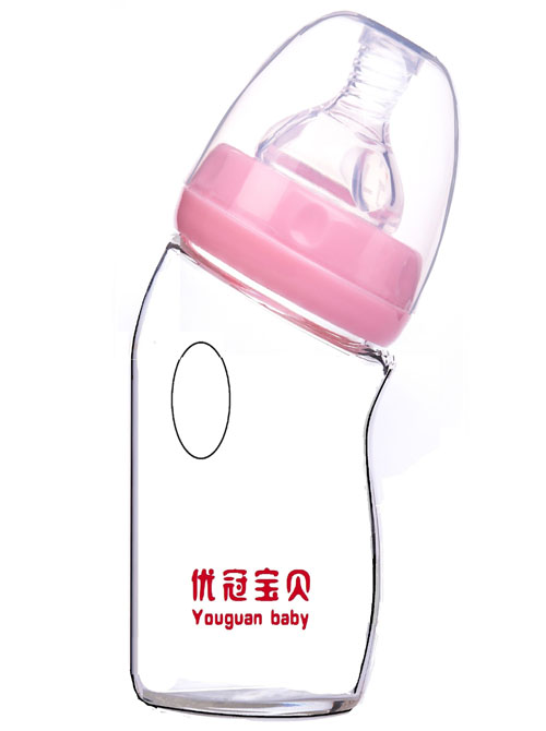 优冠宝贝弯形防胀气玻璃奶瓶240ml粉色