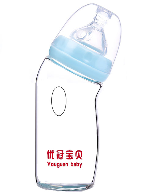 优冠宝贝弯形防胀气玻璃奶瓶240ml蓝色