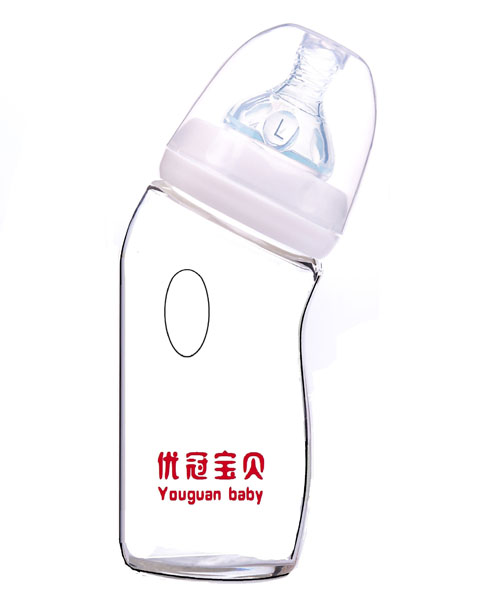 优冠宝贝弯形防胀气玻璃奶瓶240ml白色
