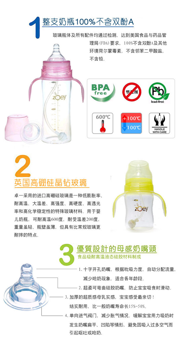 卓一zoey宽口径高硼硅玻璃奶瓶简介